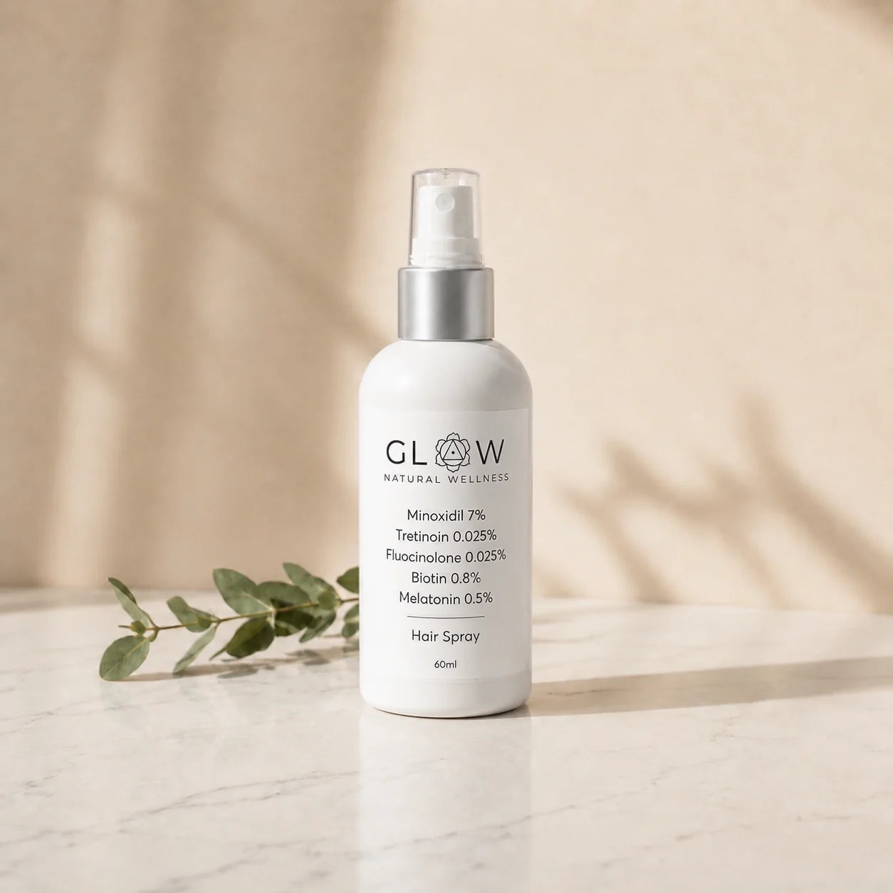 Glow Natural Wellness Telemedicine Minoxidil 7% / Tretinoin 0.025% / Fluocinolone 0.025% / Biotin 0.8% / Melatonin 0.5% Hair Spray 60ml
